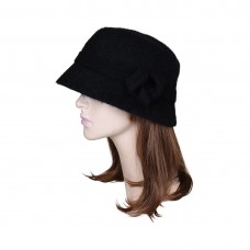 Mujers Black Bucket Hat Faux Wool Winter Ladies Hat with Knot on Brim Cloche  eb-29809946